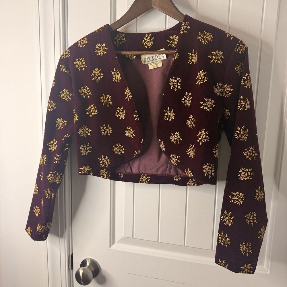 Vtg 80s 90s Studio C Bolero Jacket Large Burgundy Gold Metallic Brocade USA Made
